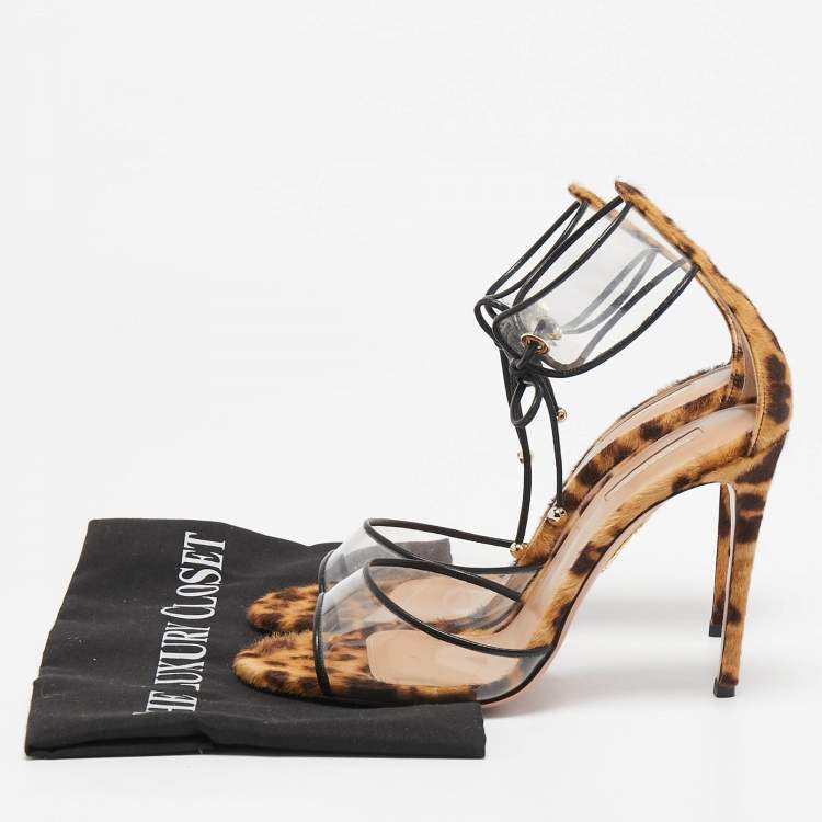 مملوكة مسبقًا Aquazzura Brown Calf Hair and PVC Ankle Strap Sandals Size 37.5