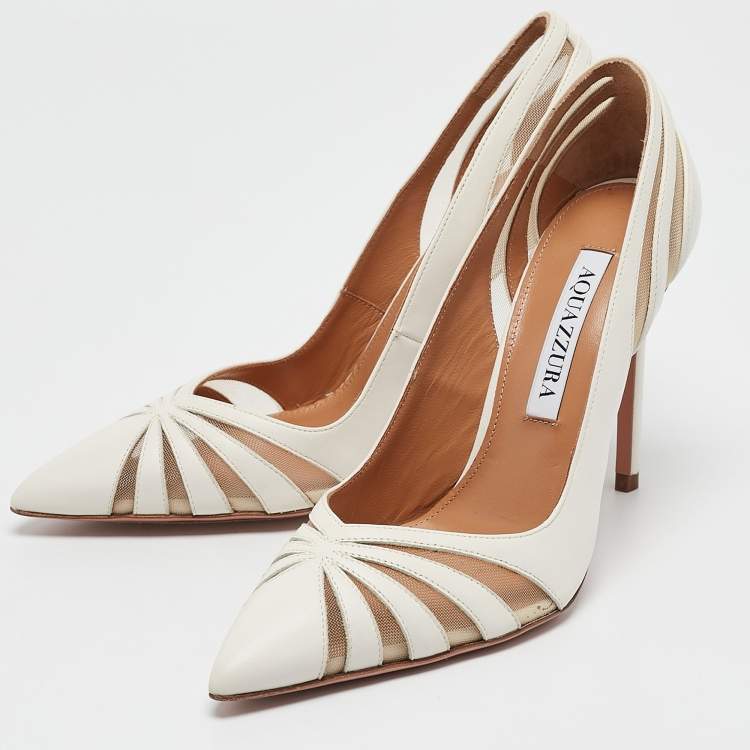 Pre Owned Aquazzura Cream Leather and Mesh the spy Pumps Size 36