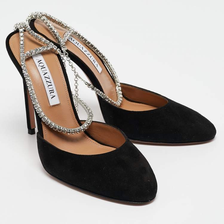 مملوكة مسبقًا Aquazzura Black Suede Ice Ankle Strap Pumps Size 38