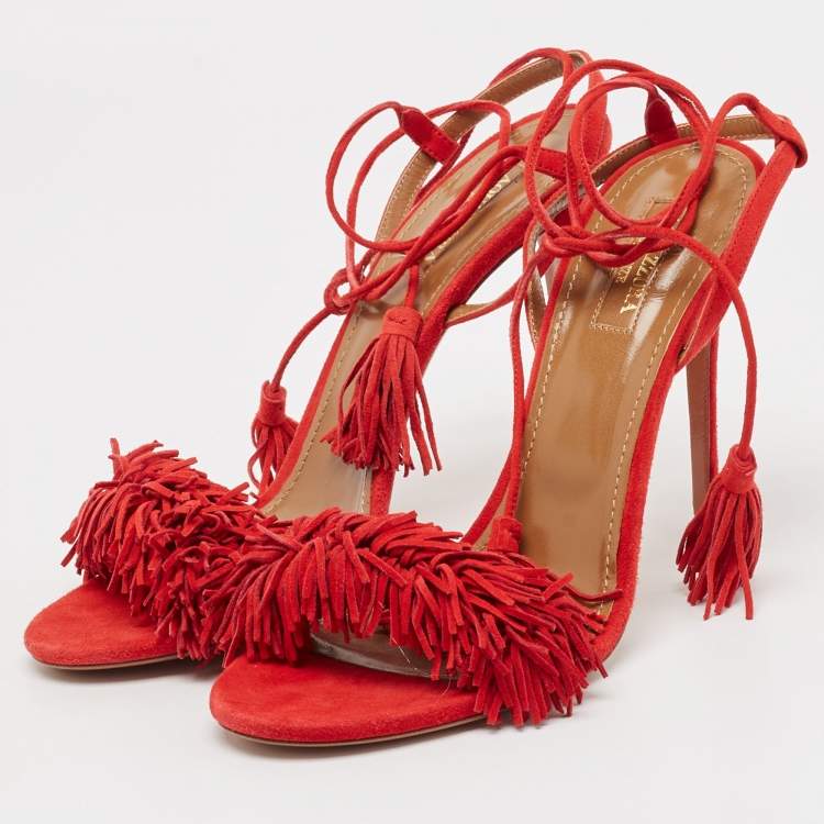 Pre Owned Aquazzura Red Suede Wild Thing Ankle Strap Sandals Size 39.5