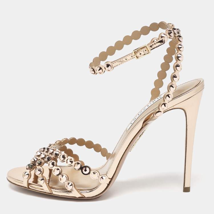 Pre Owned Aquazzura Rose Gold Crystal Embellished Leather Tequila Ankle Strap Sandals Size 41