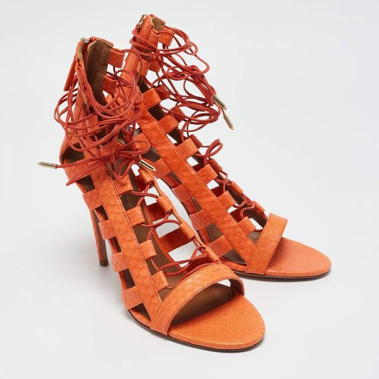 Pre Owned Aquazzura Orange Snakeskin Amazon Gladiator Sandals Size 40.5