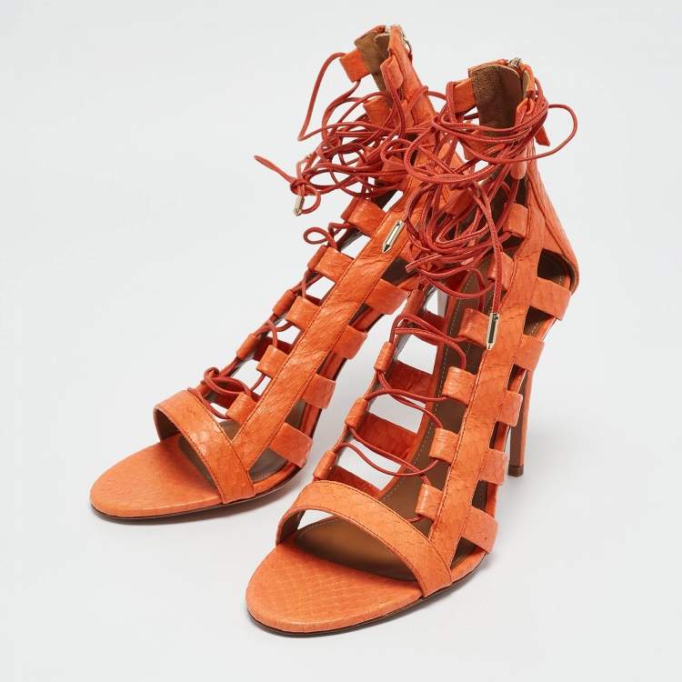 Pre Owned Aquazzura Orange Snakeskin Amazon Gladiator Sandals Size 40.5