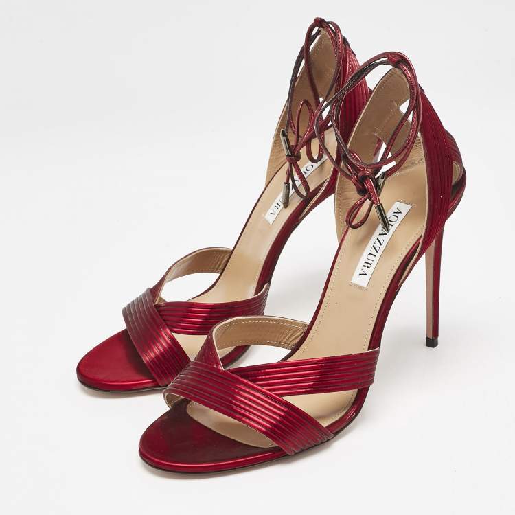 Pre Owned Aquazzura Burgundy Leather Ari Ankle Wrap Sandals Size 41