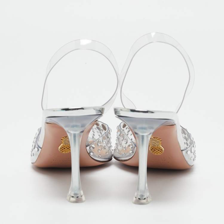 Pre Owned Aquazzura Transparent PVC Crystal Embellished Slingback Pumps Size 40