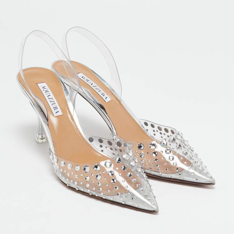 Pre Owned Aquazzura Transparent PVC Crystal Embellished Slingback Pumps Size 40