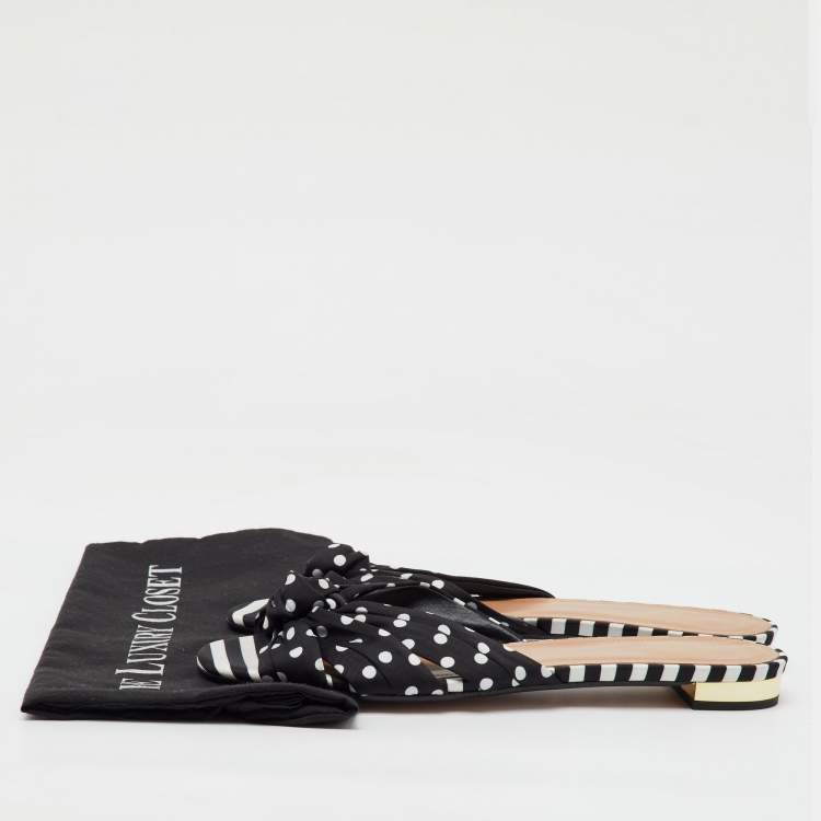 Pre Owned Aquazzura Black Polka Dot Print Fabric Knot Flat Slide Sandals Size 40