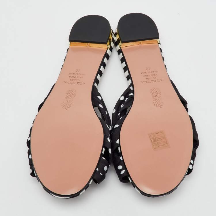 Pre Owned Aquazzura Black Polka Dot Print Fabric Knot Flat Slide Sandals Size 40