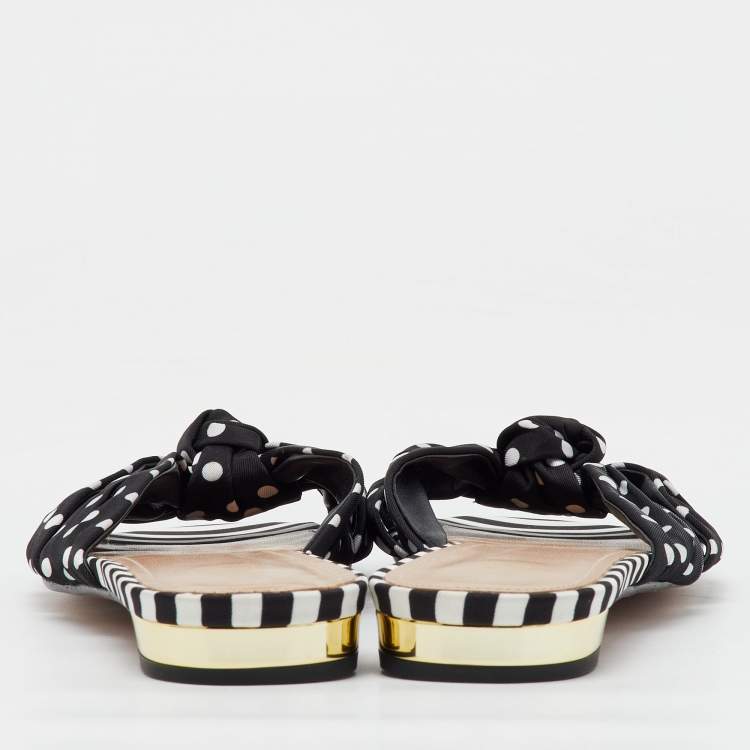 Pre Owned Aquazzura Black Polka Dot Print Fabric Knot Flat Slide Sandals Size 40