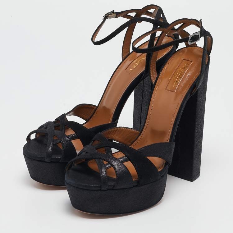 Pre Owned Aquazzura Black Texture Suede Luna Platform Sandals Size 40
