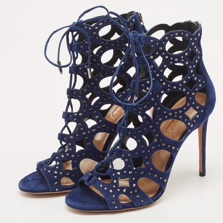 Pre Owned Aquazzura Navy Blue Cut Out Suede Studded Begum Booties Size 37