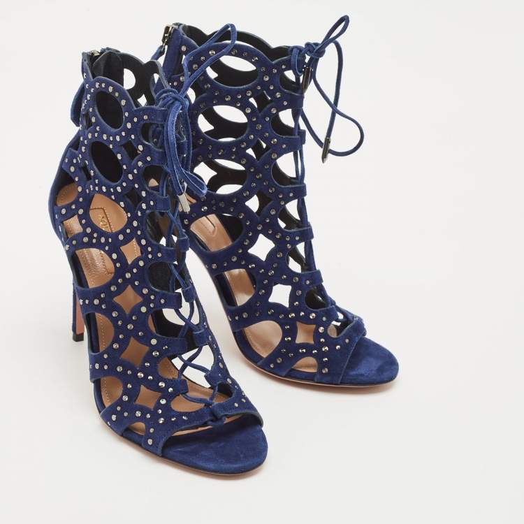 Pre Owned Aquazzura Navy Blue Cut Out Suede Studded Begum Booties Size 37
