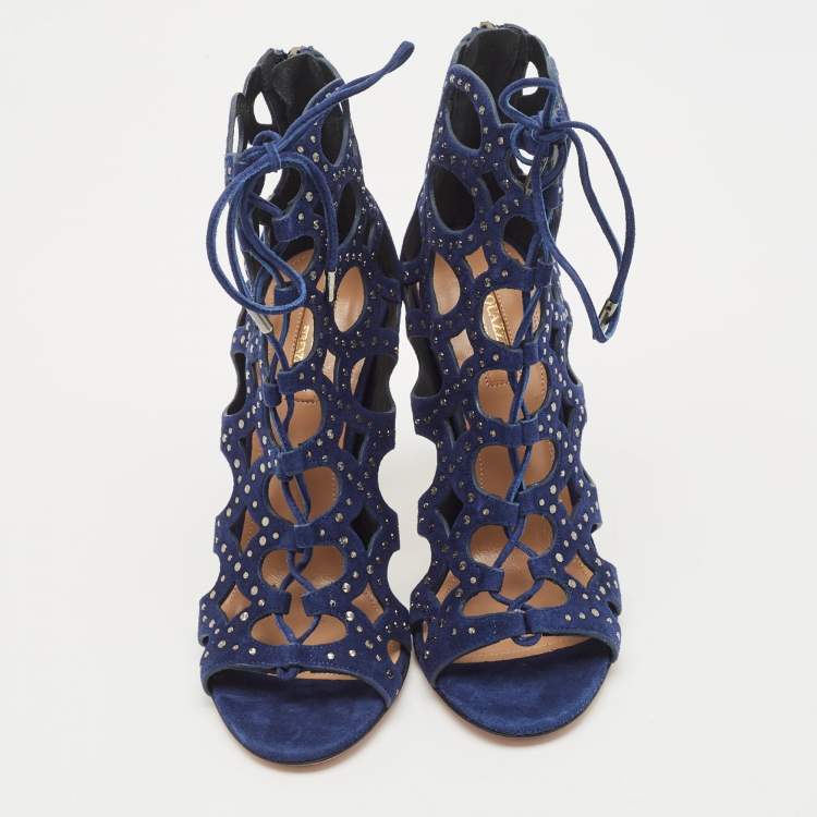 Pre Owned Aquazzura Navy Blue Cut Out Suede Studded Begum Booties Size 37