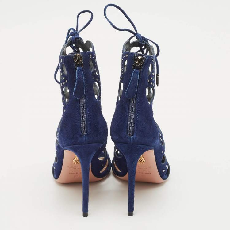 Pre Owned Aquazzura Navy Blue Cut Out Suede Studded Begum Booties Size 37