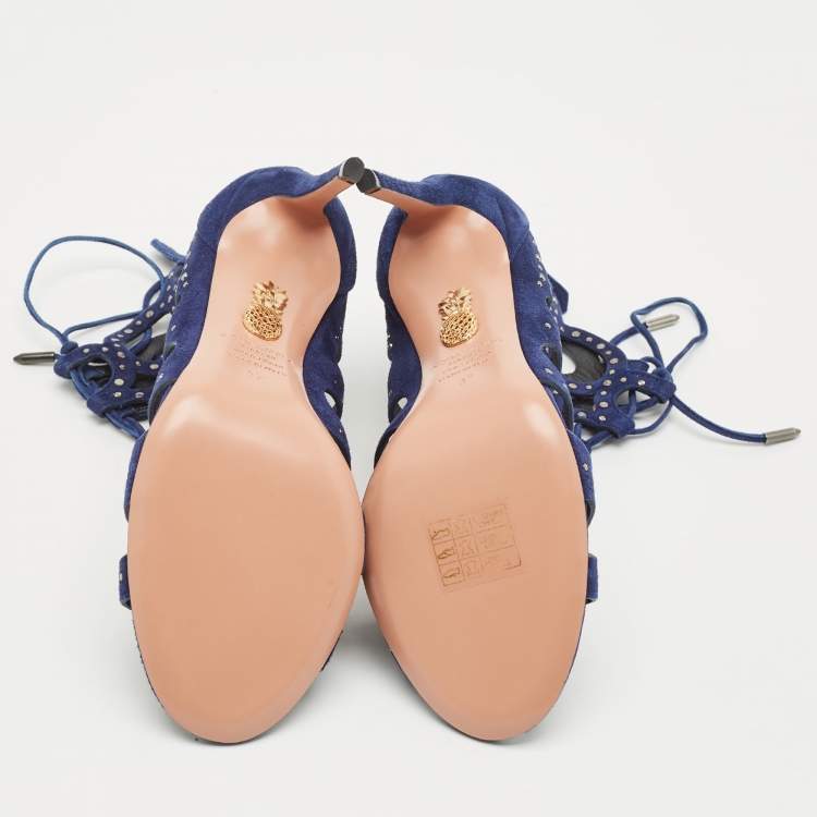 Pre Owned Aquazzura Navy Blue Cut Out Suede Studded Begum Booties Size 37