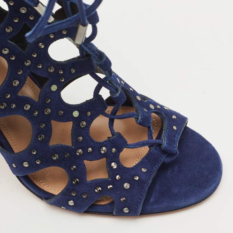Pre Owned Aquazzura Navy Blue Cut Out Suede Studded Begum Booties Size 37