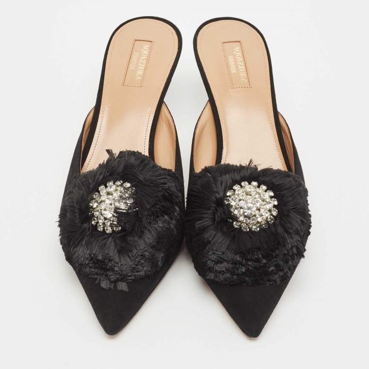 Pre Owned Aquazzura Black Suede Crystal Embellished Lotus Mules Size 40