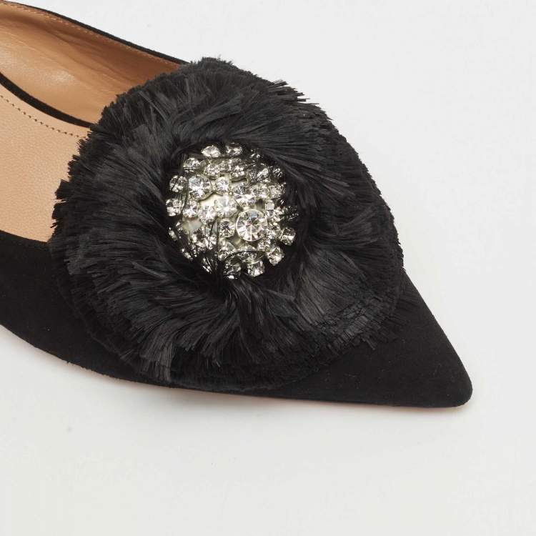 Pre Owned Aquazzura Black Suede Crystal Embellished Lotus Mules Size 40