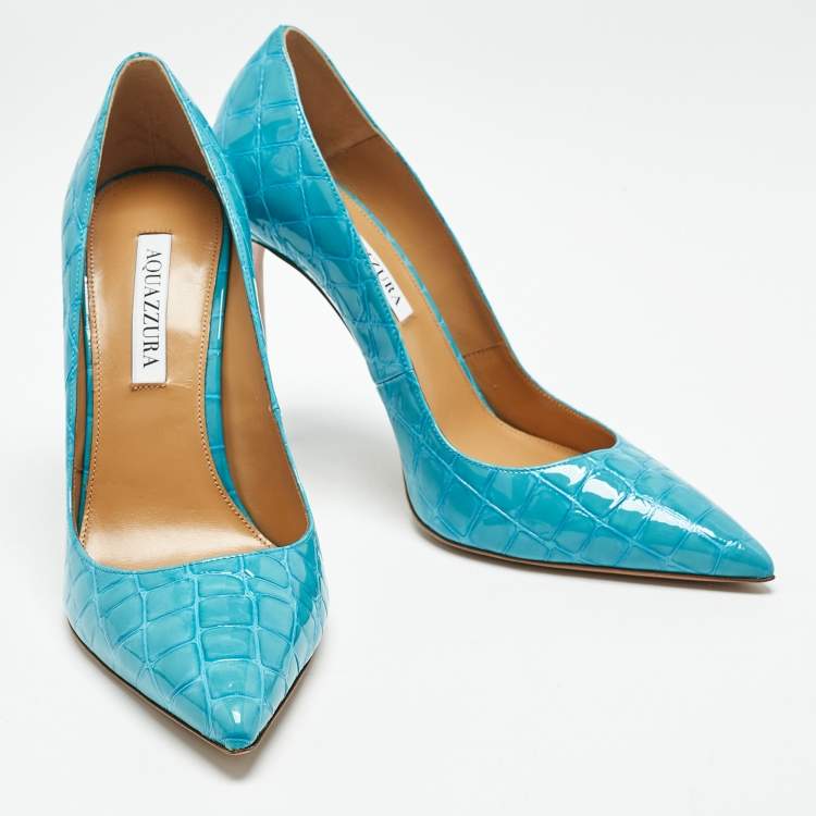 مملوكة مسبقًا Aquazzura Blue Croc Embossed Leather Pointed Toe  Pumps Size 39.5