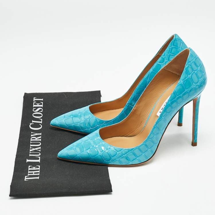 مملوكة مسبقًا Aquazzura Blue Croc Embossed Leather Pointed Toe  Pumps Size 39.5