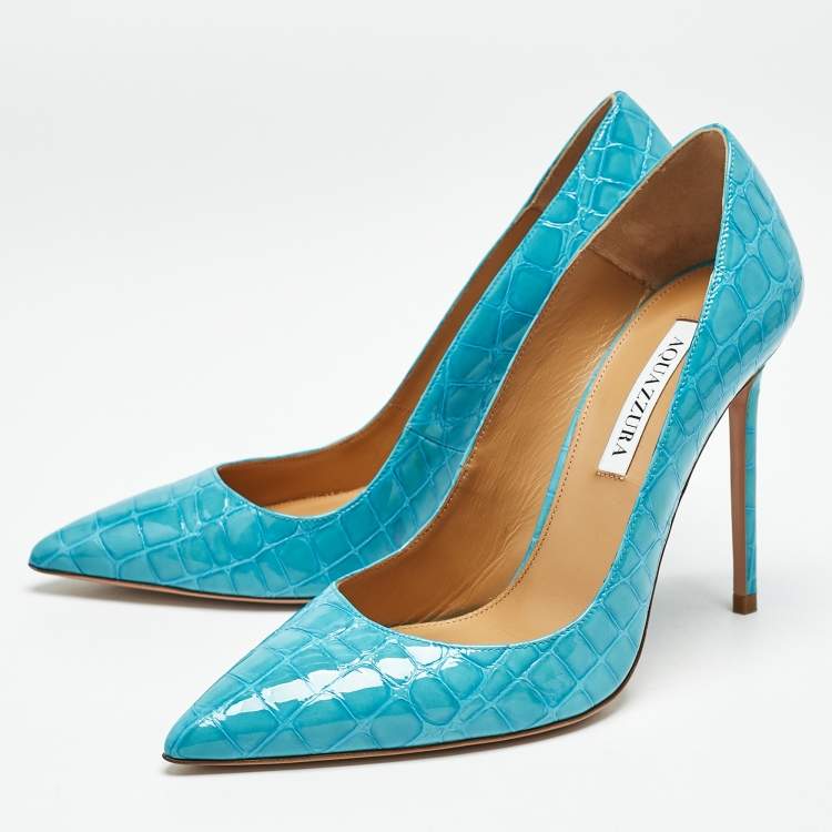 مملوكة مسبقًا Aquazzura Blue Croc Embossed Leather Pointed Toe  Pumps Size 39.5