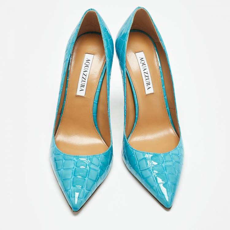 مملوكة مسبقًا Aquazzura Blue Croc Embossed Leather Pointed Toe  Pumps Size 39.5