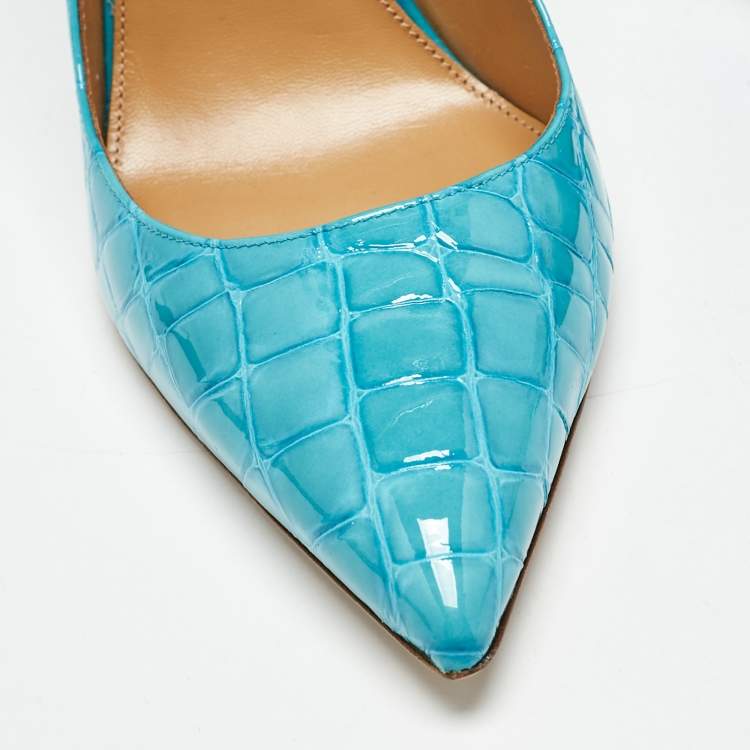 مملوكة مسبقًا Aquazzura Blue Croc Embossed Leather Pointed Toe  Pumps Size 39.5