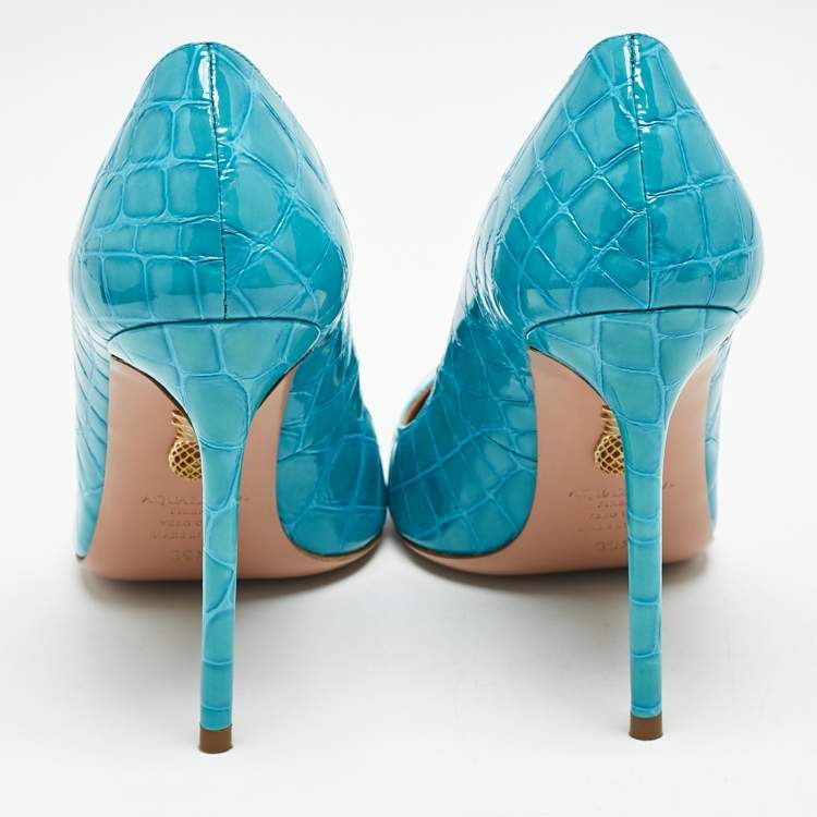 مملوكة مسبقًا Aquazzura Blue Croc Embossed Leather Pointed Toe  Pumps Size 39.5