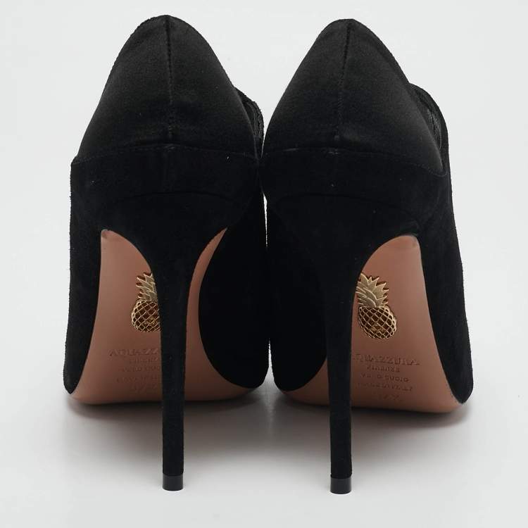 Pre Owned Aquazzura Black Suede Leather and Satin Crystal Embellished Amour Pumps Size 37.5