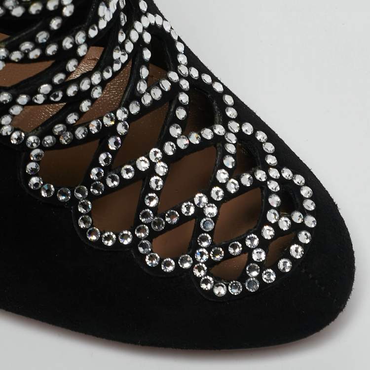 Pre Owned Aquazzura Black Suede Leather and Satin Crystal Embellished Amour Pumps Size 37.5