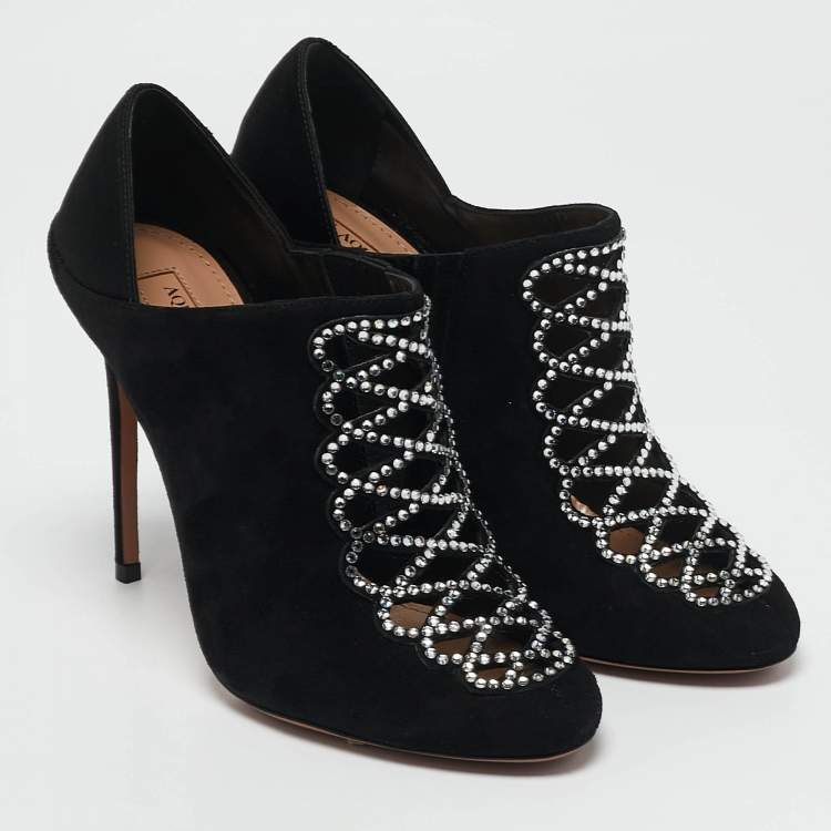 Pre Owned Aquazzura Black Suede Leather and Satin Crystal Embellished Amour Pumps Size 37.5