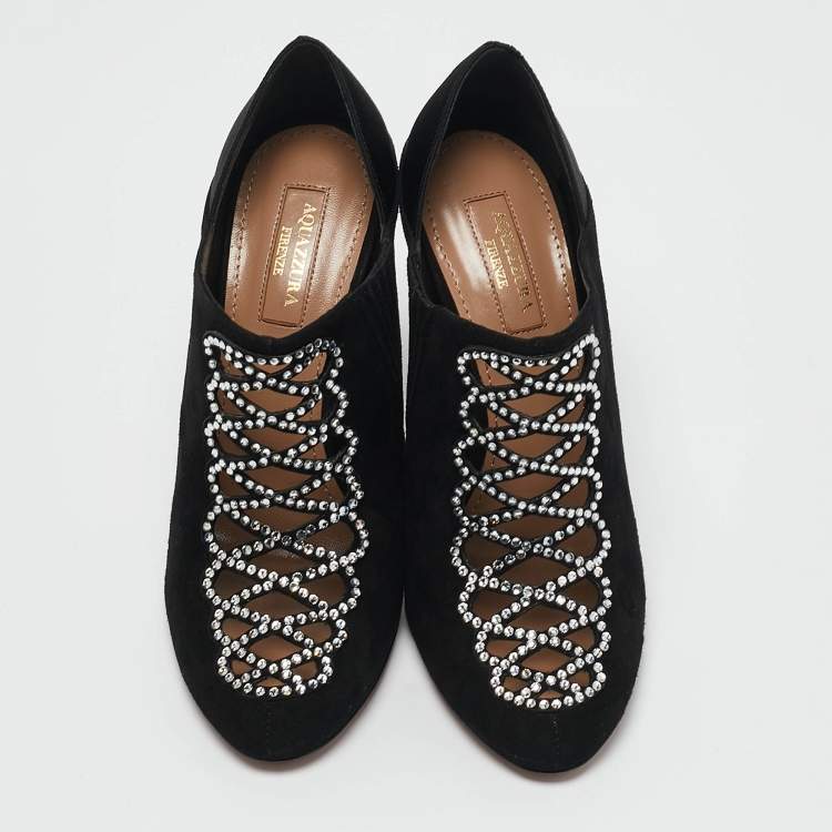 Pre Owned Aquazzura Black Suede Leather and Satin Crystal Embellished Amour Pumps Size 37.5