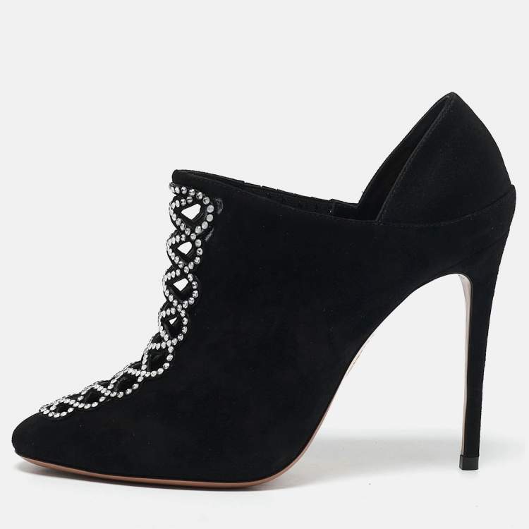 Pre Owned Aquazzura Black Suede Leather and Satin Crystal Embellished Amour Pumps Size 37.5