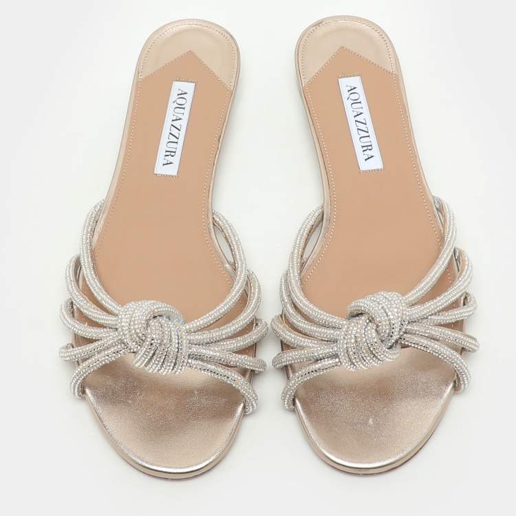 Pre Owned Aquazzura Beige Crystal Embellished Suede Celeste Flats Size 38
