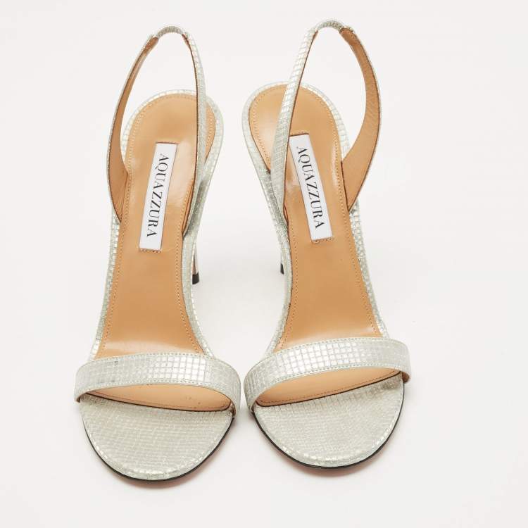 Pre Owned Aquazzura Silver Glitter Ankle Strap Sandals Size 38.5