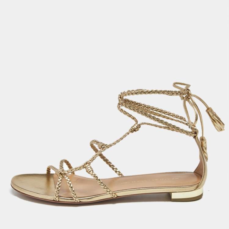 Pre Owned Aquazzura Gold Leather Brasilia Flat Sandals Size 39
