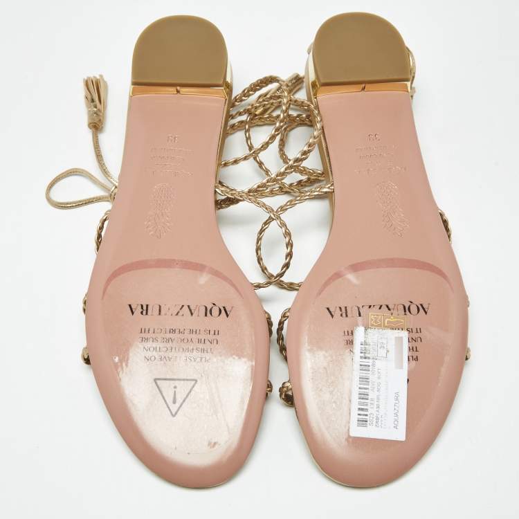 Pre Owned Aquazzura Gold Leather Brasilia Flat Sandals Size 39