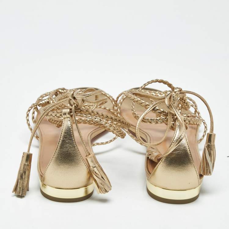 Pre Owned Aquazzura Gold Leather Brasilia Flat Sandals Size 39