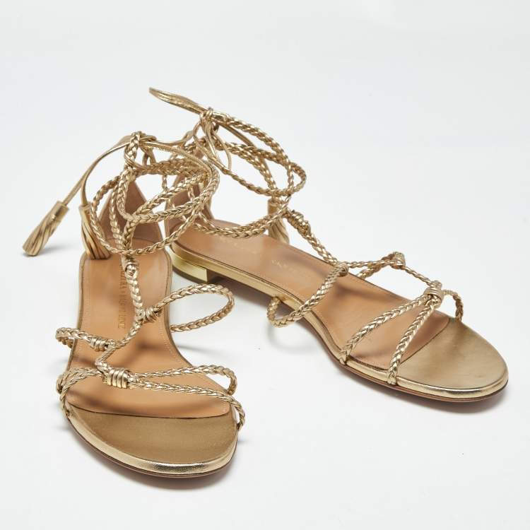 Pre Owned Aquazzura Gold Leather Brasilia Flat Sandals Size 39
