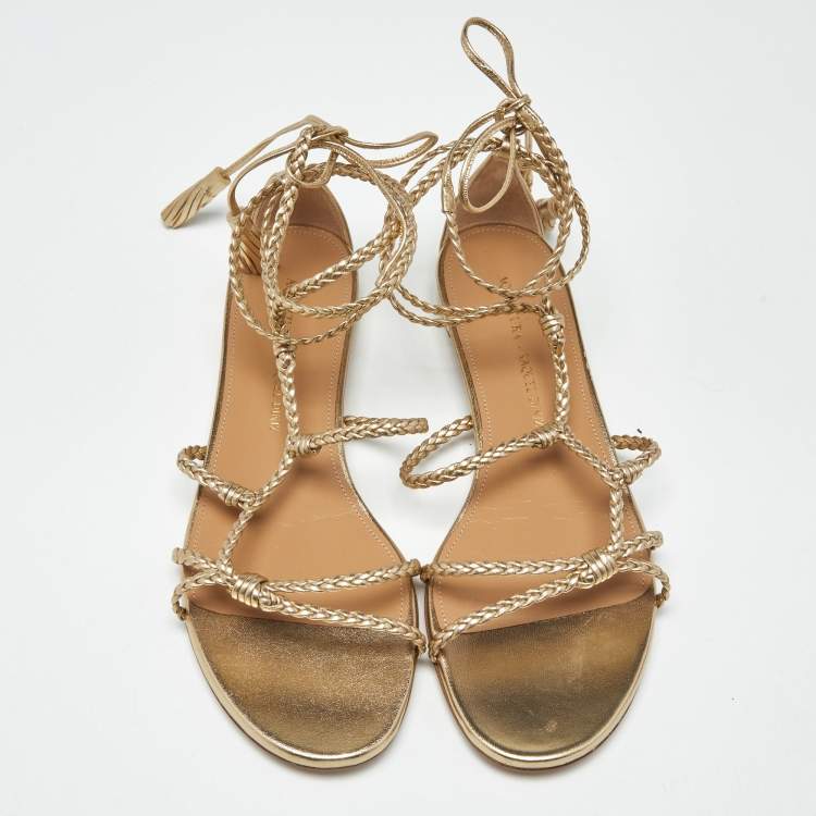 Pre Owned Aquazzura Gold Leather Brasilia Flat Sandals Size 39