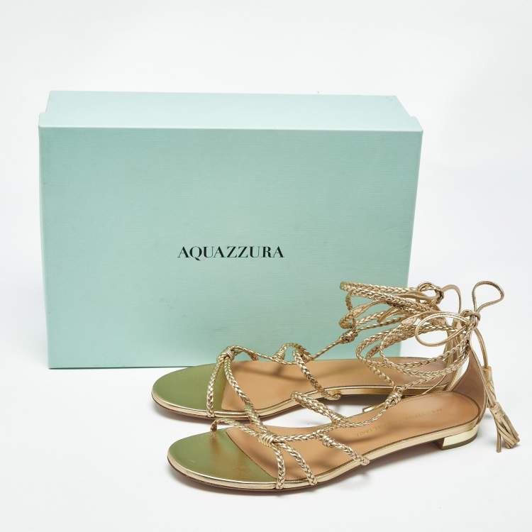 Pre Owned Aquazzura Gold Leather Brasilia Flat Sandals Size 39