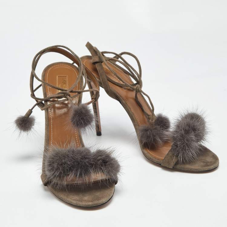Pre Owned Aquazzura Grey Mink Fur and Suede Wild Russian Ankle Wrap Sandals Size 39