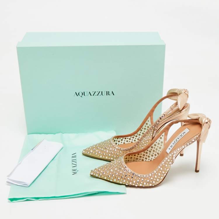 Pre Owned Aquazzura Rose Gold Leather and Mesh Bow Tie Slingback Pumps Size 37