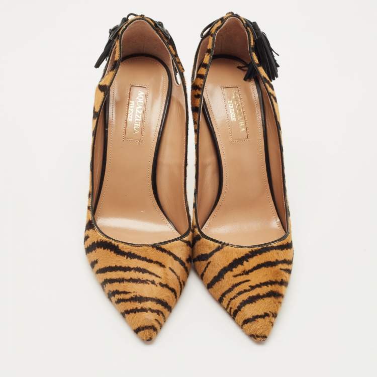 Pre Owned Aquazzura Black/Brown Calf Hair Forever Marilyn Pumps Size 38.5