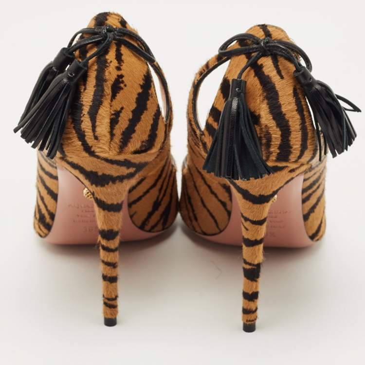 Pre Owned Aquazzura Black/Brown Calf Hair Forever Marilyn Pumps Size 38.5