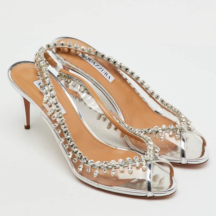 Pre Owned Aquazzura Transparent/Silver PVC and Leather Temptation Crystal Slingback Pumps Size 40