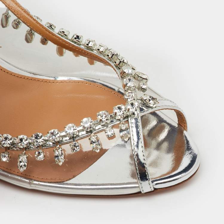 Pre Owned Aquazzura Transparent/Silver PVC and Leather Temptation Crystal Slingback Pumps Size 40