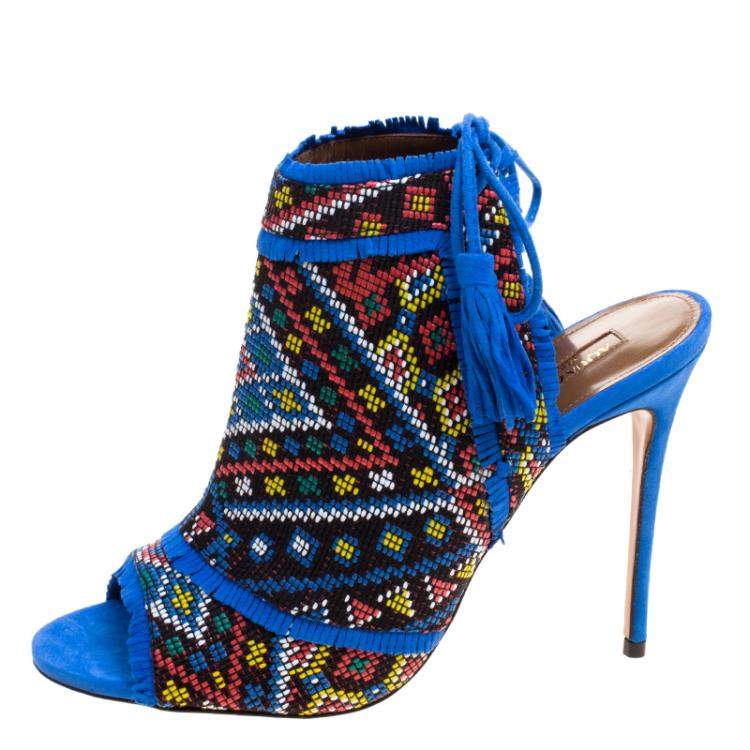 مملوكة مسبقًا Aquazzura Multicolor Embroidered Fabric and Suede Colorado Peep Toe Sandals Size 38.5