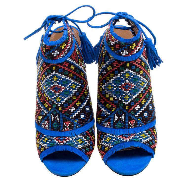 مملوكة مسبقًا Aquazzura Multicolor Embroidered Fabric and Suede Colorado Peep Toe Sandals Size 38.5