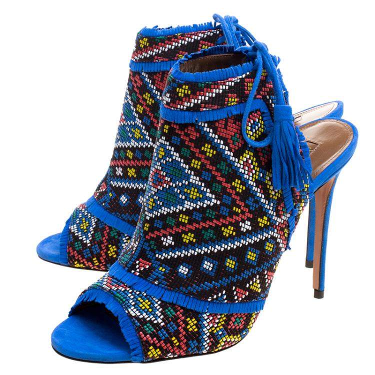 مملوكة مسبقًا Aquazzura Multicolor Embroidered Fabric and Suede Colorado Peep Toe Sandals Size 38.5